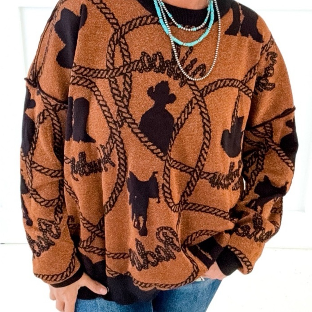 Cowgirl-Inspired Reversible Copper/Brown/Black ‘metallic’ print sweater.
